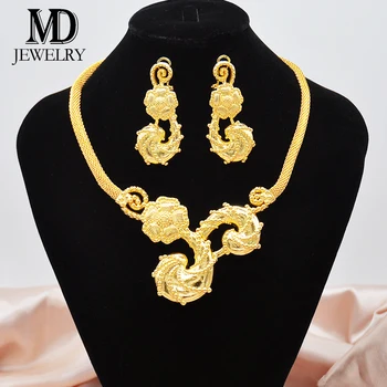 24K Позолоченные Роскошные Ювелирные Изделия Женская Мода Золотого Цвета Ожерелье Серьги Набор Африканский Свадебный Подарок Дизайн Океанского Ветра