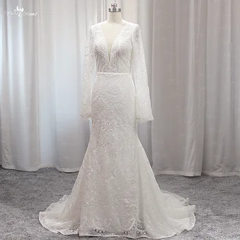 LZ515 Винтажное Свадебное платье Русалки с глубоким V-образным вырезом и расклешенными рукавами, прозрачное кружевное платье цвета слоновой кости, расшитое блестками