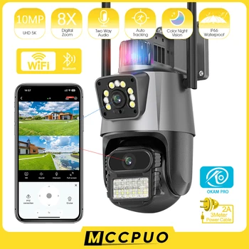 Mccpuo 5K 10MP Двухобъективная WIFI PTZ-Камера С Двумя Экранами AI Отслеживание Человека Наружная IP-Камера Видеонаблюдения 4K Полицейская Световая Сигнализация