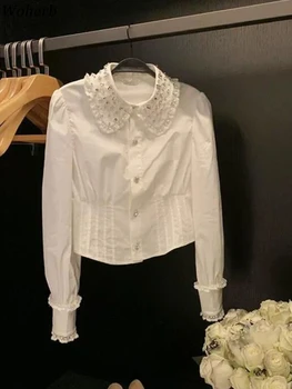 Y2K Белая Блузка С Длинным Рукавом Женская Винтажная Свободная Корейская Бриллиантовая Элегантная Рубашка S Темпераментные Женские Топы 2024 Blusas Mujer De Moda
