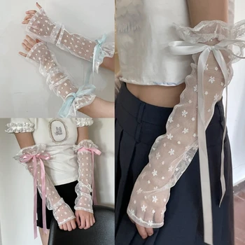 Y2K/ женские кружевные перчатки с цветочным рисунком для девочек, солнцезащитные нарукавники, женские длинные перчатки, прямая поставка
