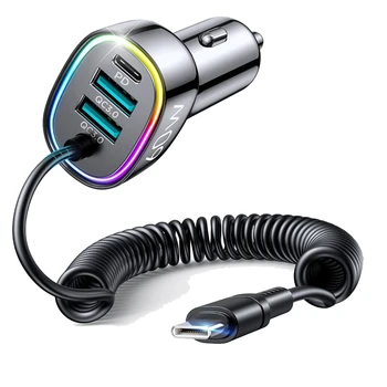 Автомобильное зарядное устройство USB C мощностью 60 Вт, 4-портовое быстрое автомобильное зарядное устройство, многопортовый адаптер прикуривателя для Samsung Galaxy S22/21/10+ Android