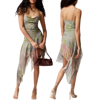 Асимметричное платье с оборками на подоле y2k, эстетичное женское платье на бретельках с цветочным принтом и завязками сбоку, винтажный сарафан 2000-х годов