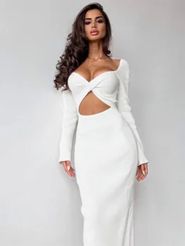Белое облегающее платье с длинными рукавами и высокой талией, облегающее платье, юбка до колена, Платья из ребристой ткани Для женщин, осенние платья