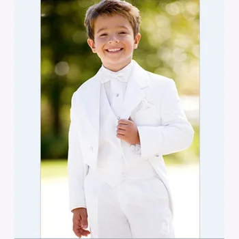 Белые 3шт Костюмы для мальчиков с зубчатым воротником, приталенные детские костюмы, свадебное платье, смокинги для жениха, детские костюмы для выпускного вечера, пальто + брюки + жилет