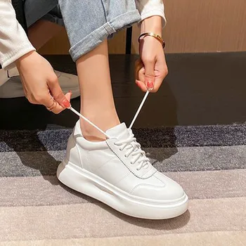 Белые кроссовки на толстой платформе, женские кроссовки для бега из натуральной кожи, 2023, Обувь на вулканизированной резиновой подошве, массивные кроссовки