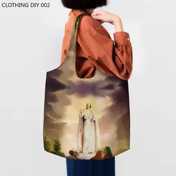 Богоматерь Фатимская Сумки-тоут для покупок, утилизация Четок, католическая христианская сумка Девы Марии из продуктового холста, сумка для покупок через плечо