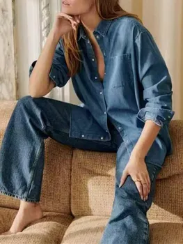 Весна 2024, женская джинсовая рубашка, Классический отложной воротник, Однобортная женская простая блузка с длинным рукавом, сорочка с одним карманом