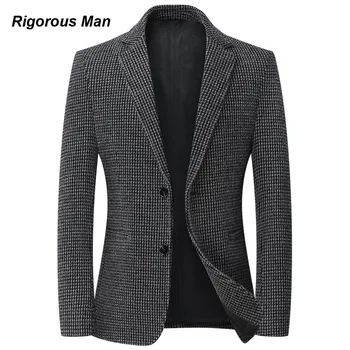 Высококачественный мужской блейзер в клетку Осень Зима на ощупь бархатный, нейлоновый, эластичный, толстый молодежный приталенный пиджак, мужская одежда