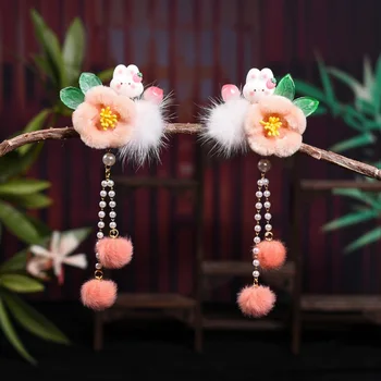 Детская бархатная заколка в виде цветка, шарик из меха кролика, аксессуар для волос с персиковой кисточкой, головной убор Hanfu в китайском стиле для девочек, заколка для волос