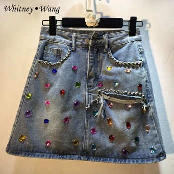 Дизайнерский стиль WHITNEY WANG 2023, Летняя уличная мода, кристаллы, бисероплетение, Рваная джинсовая мини-юбка, женская