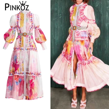 Дизайнерское макси-платье высокого качества Pinkoz для подиума, розовое однобортное платье с цветочным принтом и рукавом-фонариком, осенне-зимнее платье riched