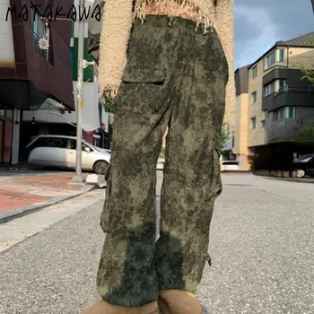 Женские брюки-карго с уличным принтом Matakawa Y2k, Винтажные Корейские модные брюки с карманами и высокой талией, Свободные мужские брюки.