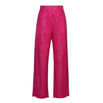 Женские брюки с пайетками Xingqing, модные блестящие однотонные эластичные свободные брюки с высокой талией и широкими штанинами, блестящая клубная одежда