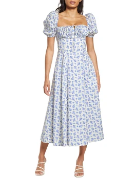 Женское летнее платье Миди с цветочным узором, короткий рукав, квадратный вырез, пляжное платье трапециевидной формы с рюшами