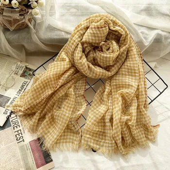 Клетчатый шарф, шерстяной женский модный тонкий платок с короткой щетиной, легкий 200X90 см