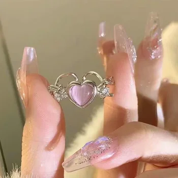 Корейские модные кольца со стразами в виде милого розового сердечка, легкое Роскошное Открывающееся кольцо на палец с цирконием, Y2K, ювелирные изделия для девочек и женщин, подарки