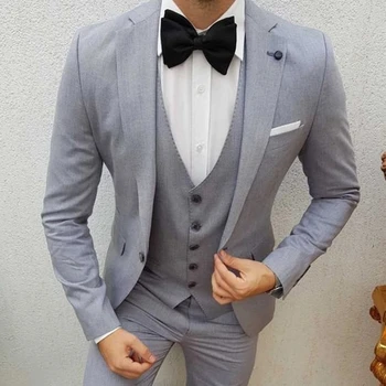 Костюм Серый Приталенный мужской костюм для свадьбы с зубчатым лацканом, 3 предмета, Смокинг для жениха, мужской официальный модный костюм, куртка, жилет, брюки