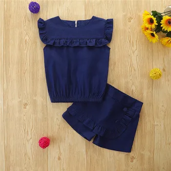 Летние синие джинсовые шорты с цветочным рисунком для девочек, повседневный топ с длинными рукавами, юбка, брюки, комплекты детской одежды из двух предметов от 1 до 6 лет