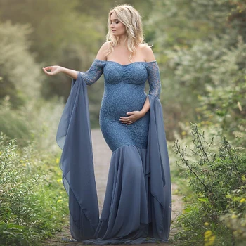 Модное платье для беременных для фотосессии, макси-платье с длинными рукавами, кружевная строчка, необычный женский реквизит для фотосъемки