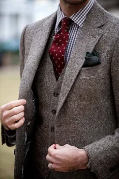 Модный мужской костюм из твида для курения, приталенный, 3 предмета, последние модели пальто и брюк, смокинг на заказ, мужские костюмы для жениха, блейзер