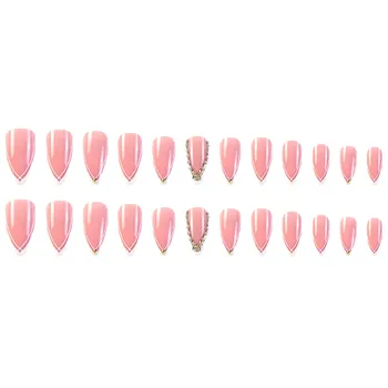 Накладные ногти цвета розового миндаля с белым декором по краям, легкие и легко наклеиваемые накладные ногти для женского маникюрного салона