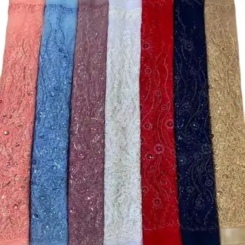 Небесно-голубая кружевная ткань с африканскими блестками 2023 5 ярдов Высококачественной Французской кружевной ткани для жениха в Нигерийском стиле для пошива свадебного платья