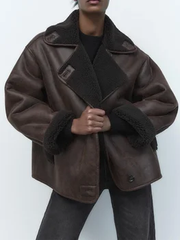 Новая осенне-зимняя мотоциклетная куртка, Женская уличная одежда, Однобортное пальто из искусственной кожи Ягненка, Свободная Толстая верхняя одежда из искусственной замши