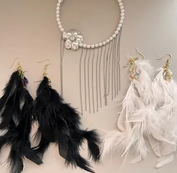 Новинка 2023 года, Корейские Элегантные серьги-подвески в стиле Харадзюку из белых перьев Индейки для женщин, Милые Стильные Женские аксессуары Ins в стиле панк