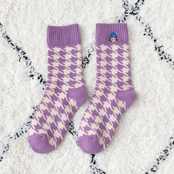 Осенне-зимние фиолетовые дизайнерские носки с вышивкой, шерстяные утепленные теплые носки Kawaii Harajuku Cute Socks