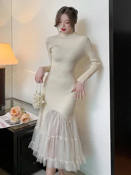 Осеннее Элегантное лоскутное вязаное платье Женское Во французском стиле, воротник-стойка, трикотаж с длинным рукавом, облегающие платья с русалочкой, Высокая талия, Облегающие платья