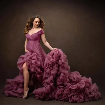 Очаровательное фиолетовое длинное тюлевое платье для беременных с V-образным вырезом, открытыми плечами, многоуровневыми оборками, фотография, платье для беременных с разрезом спереди, детский душ