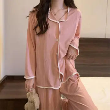 Пижамные комплекты с рюшами для женщин, весенняя пижама, милая розовая пижама Feminino