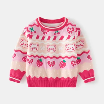 Розовый свитер для девочек, осенний Новый Жаккардовый джемпер с клубничным мишкой, вязаный свитер, одежда для девочек