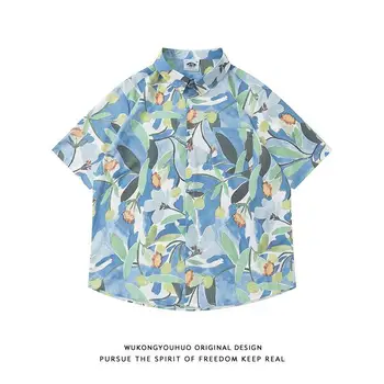 Рубашка с гавайским принтом, мужские топы с тропическим цветочным рисунком, Повседневная рубашка, хлопковая сорочка на пуговицах с коротким рукавом, Свободные пляжные рубашки для отпуска 2023