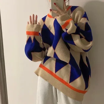 Свитер с ромбовидной строчкой, вязаный пуловер в стиле ретро с круглым вырезом, женская свободная уличная одежда в корейском стиле, Повседневная мода, Сладкая осень