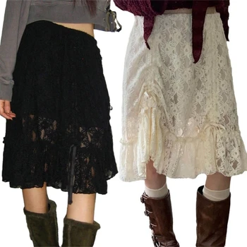 Стильная юбка-зонтик на завязках для женщин, корейское модное платье с низкой талией и рюшами
