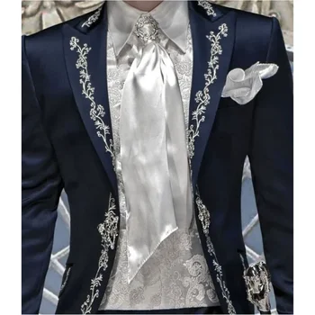 Темно-синий Итальянский мужской костюм с вышивкой, приталенный, нежный, для выпускного вечера, Новейшие дизайны пальто и брюк, Индивидуальный ужин, Мужской смокинг из 2 частей